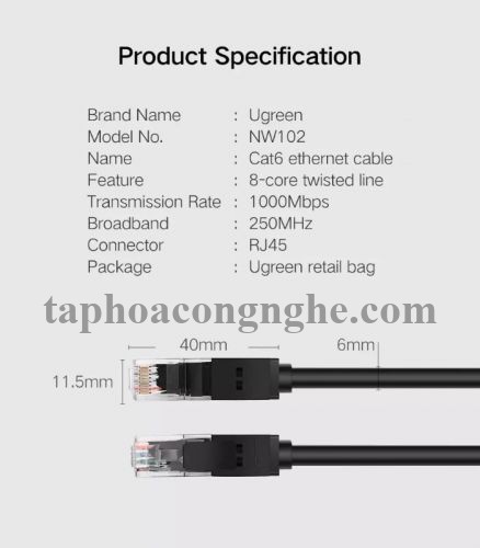 Ugreen 20161 3M màu Đen Cáp mạng LAN CAT6 UTP NW102 30020161